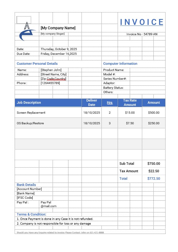 Computer Repair Invoice Template PSD template